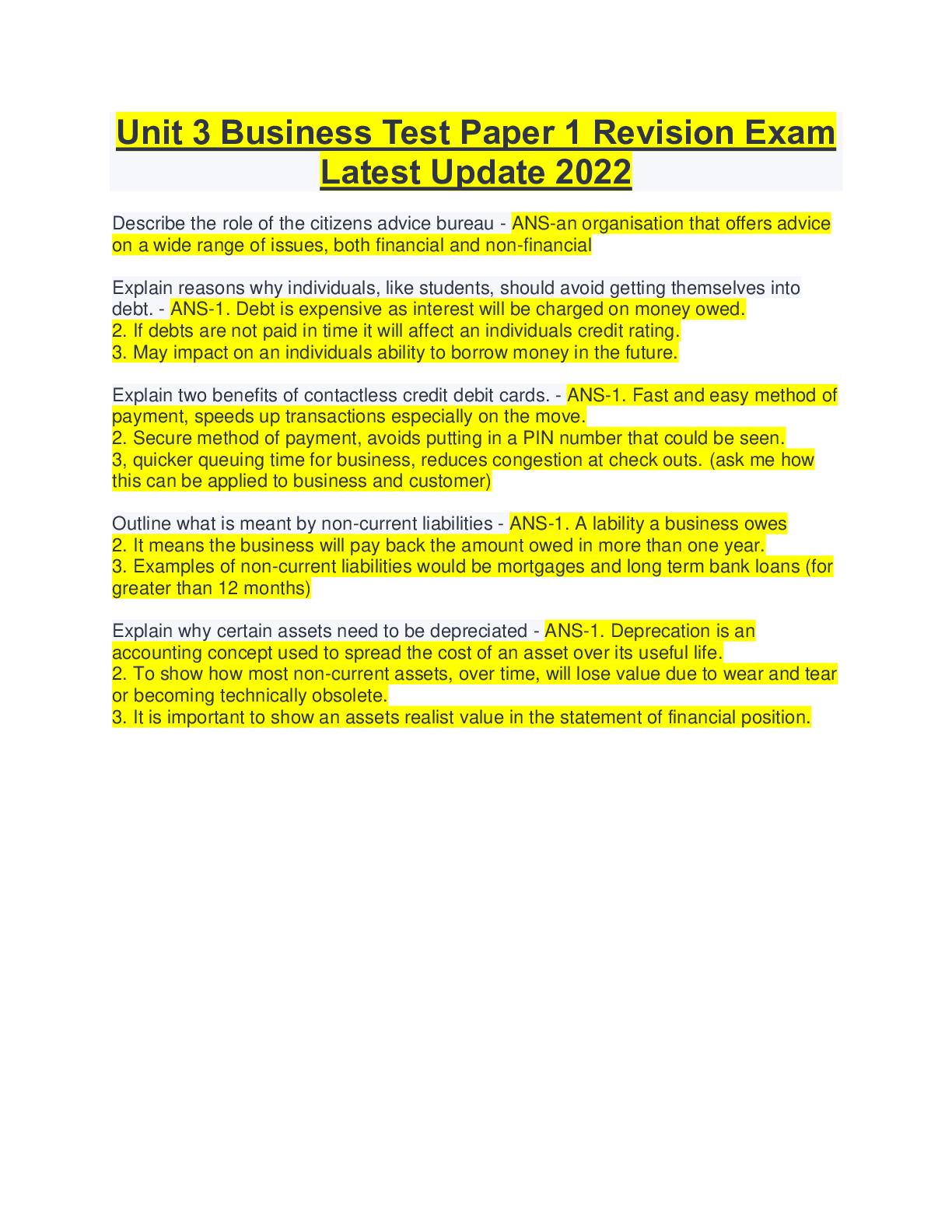 Unit 3 Business Test Paper 1 Revision Exam Latest Update 2022